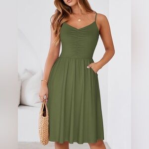 Yathon Olive Green Midi Dress Ruched Bodice Pockets Spaghetti Strap XL
